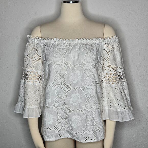 Lilly Pulitzer Eyelet Off Shoulder Blouse White Cotton Boho Cottagecore Small - Picture 1 of 8